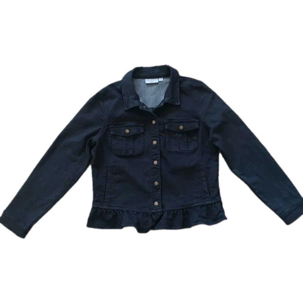 Belle Boho by Kim Gravel Vintage Style Black Denim Ruffle Hem Jacket Women Sz 8